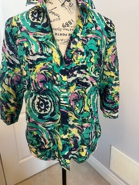 Ann Taylor Multicolor Abstract Button-Down Shirt - Teal, Yellow, Purple